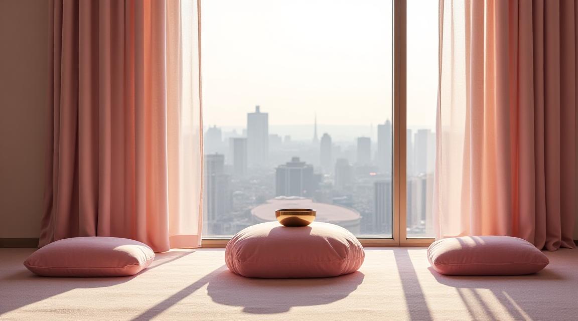 Serene wellness room with soft pink drapes and natural light