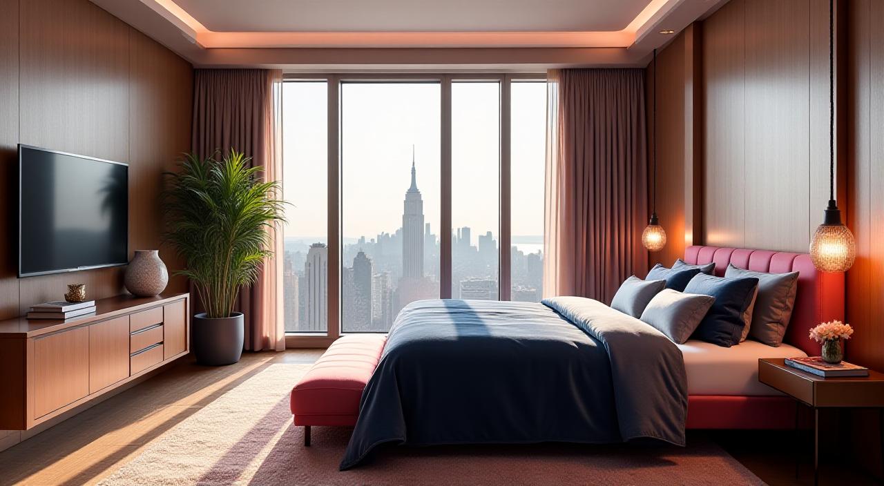 Luxury hotel suite with soft morning light hitting velvet textures